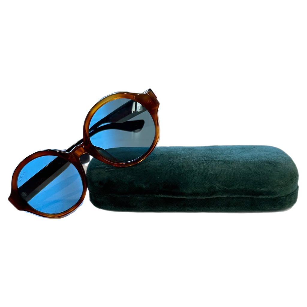 Gucci Round Tortoiseshell Frame Sunglasses With Blue Lenses